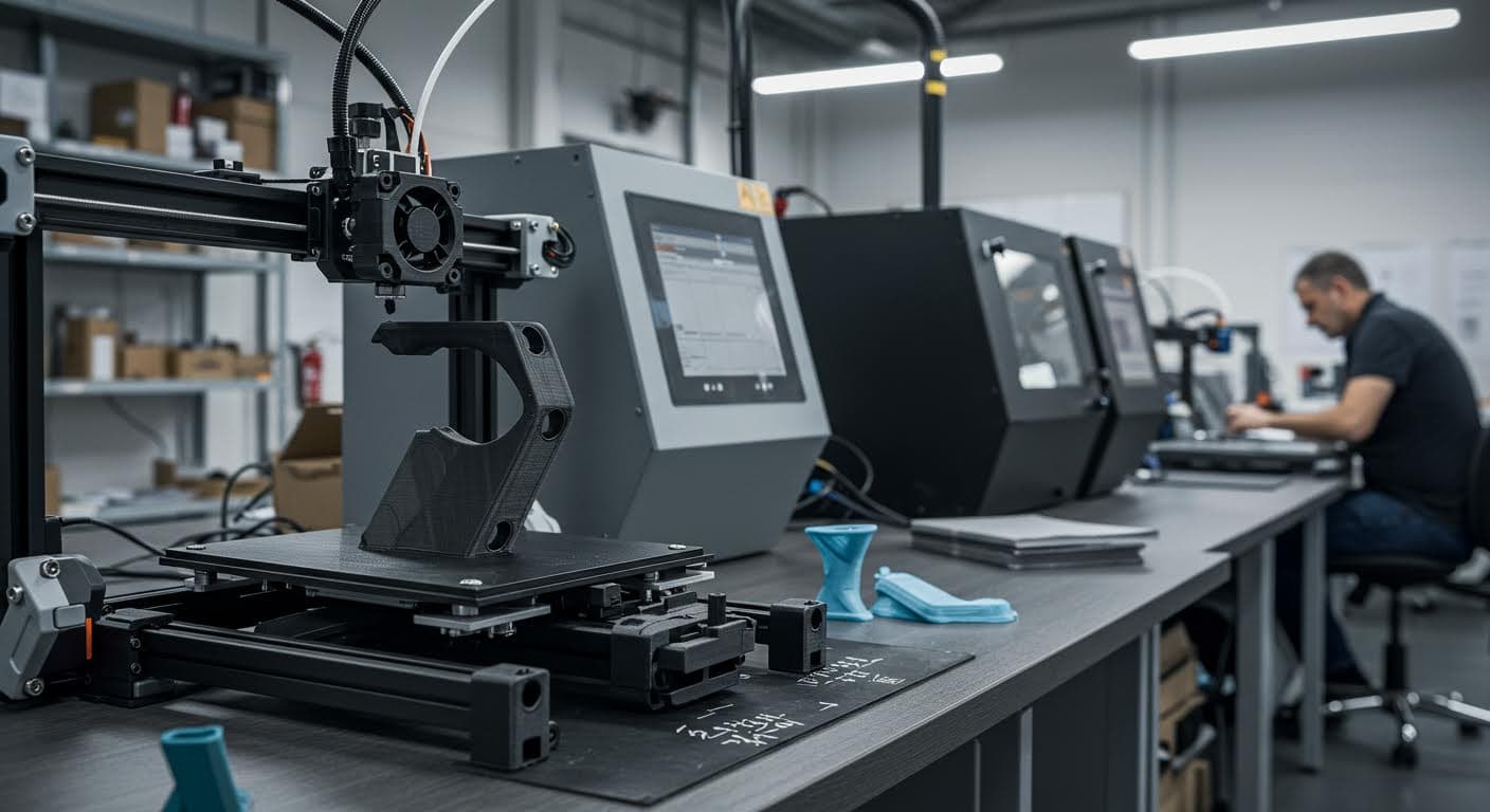 Regional manufacturing scene with 3D-printed PLA tools in use, focusing on practical application in South Germany