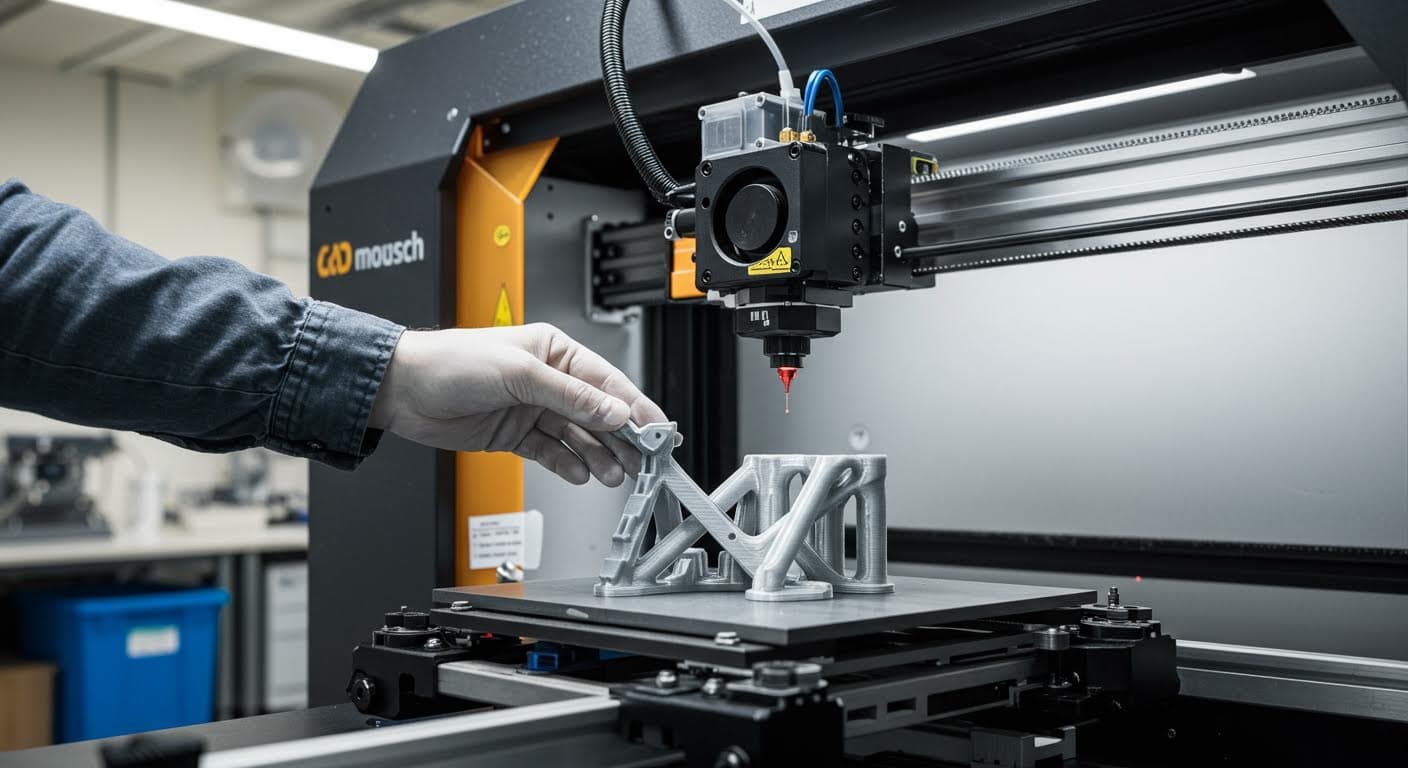 Hochauflösendes Foto eines industriellen 3D-Druckers in Betrieb, der ein präzises Bauteil aus Polymer herstellt, mit Fokus auf den Druckkopf und Schichtenaufbau.
