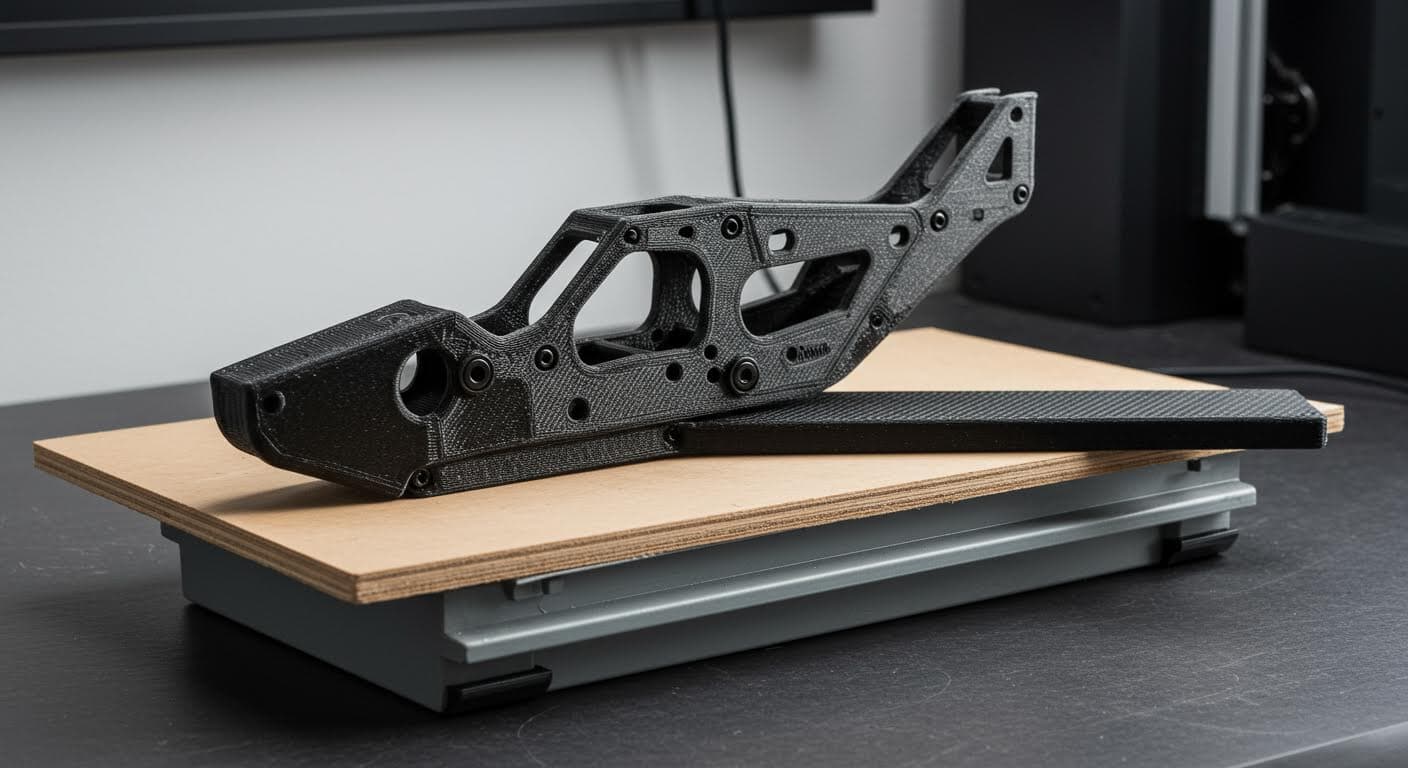 Professionelle Industriefotografie eines 3D-gedruckten RC-Flugzeugrahmens aus Carbonfaser, reines visuelles Bild ohne Text, hochauflösend