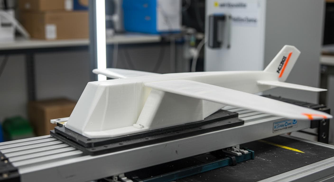 Hochauflösendes Foto von leichten Schaumstoff-Bauteilen in einem Drohnenmodell, reine Technologie-Darstellung ohne Beschriftungen