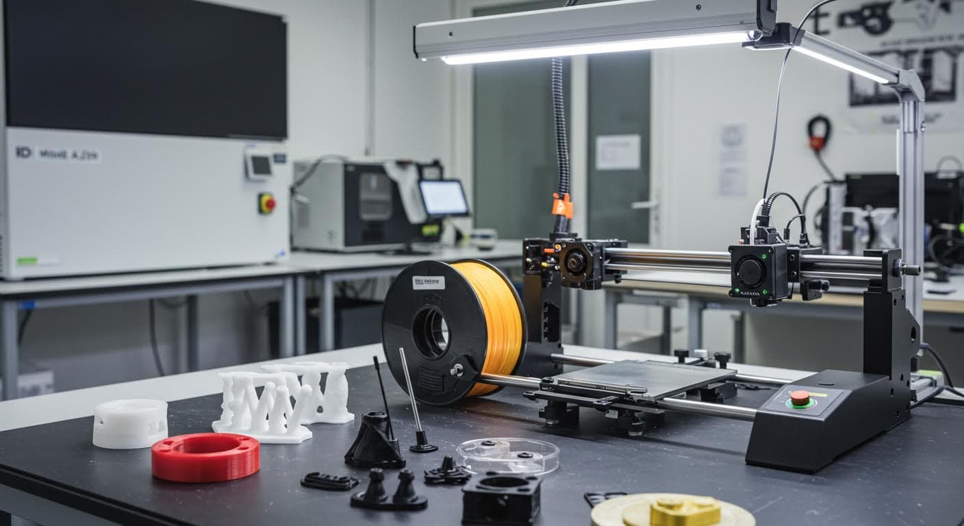 Nahaufnahme von verschiedenen 3D-Druck-Filamenten und Harzen auf einem Labortisch, beleuchtet in einem modernen Fertigungsraum.