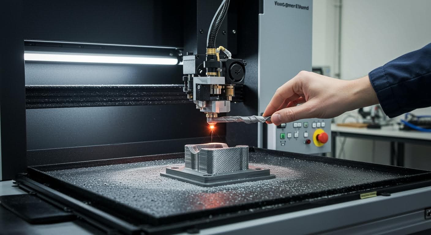 Professionelle Aufnahme eines additiven Fertigungsprozesses mit Metallpulver, zeigend den Laser-Schmelzvorgang ohne jegliche Beschriftungen.