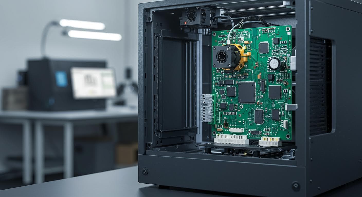 Visuelle Darstellung gedruckter Elektronikkomponenten in einem Gehäuse, fokussiert auf die Struktur und Materialtextur.