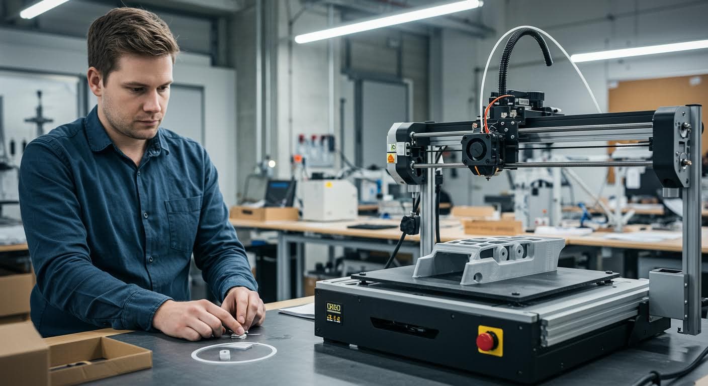 Bild eines 3D-Druckers beim Herstellen von RC-Bauteilen, fokussiert auf Equipment, keine Schriften