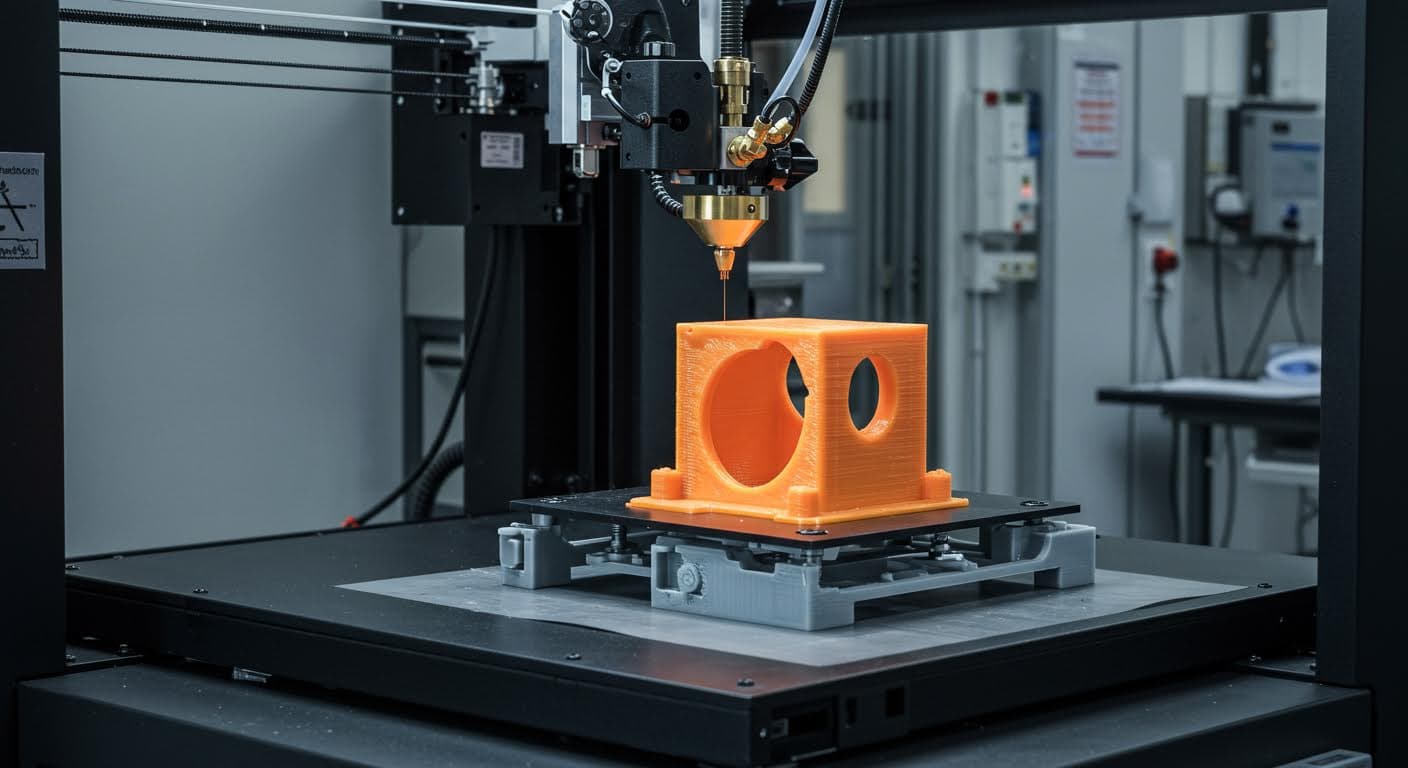 Industriefoto eines Flammtests an einem 3D-gedruckten Kunststoffteil, zeigend die Entflammbarkeitseigenschaften rein visuell.