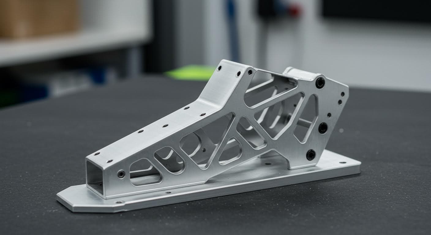 Fotografie eines fertigen RC-Bootmodells mit Aluminium-Profilen, professionell und textfrei