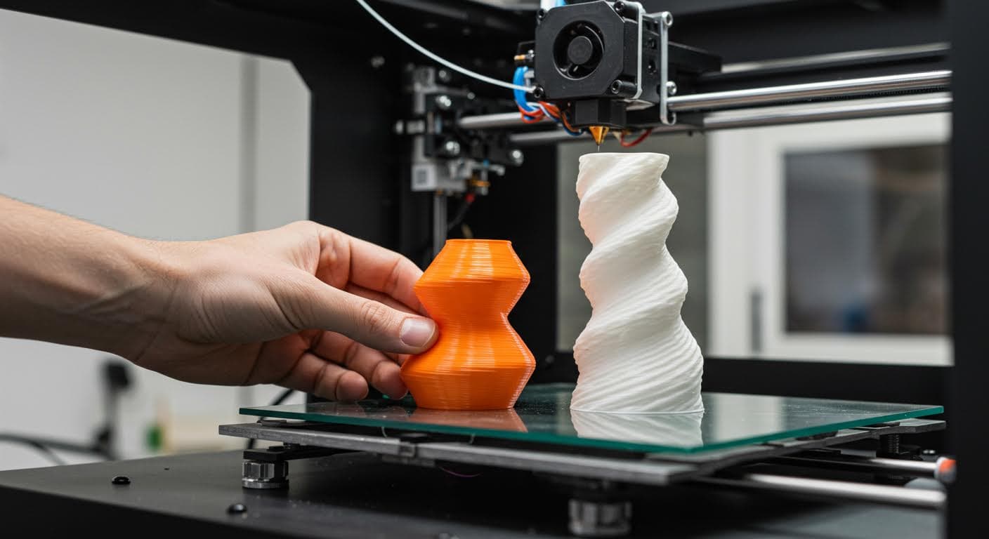 Hochauflösende Fotografie eines 3D-Druckers, der eine spiralförmige Vase in kontinuierlicher Extrusion herstellt, Fokus auf dem glatten Filamentfluss und dem Druckbett, professionelle Industriefotografie ohne jegliche Text-Elemente