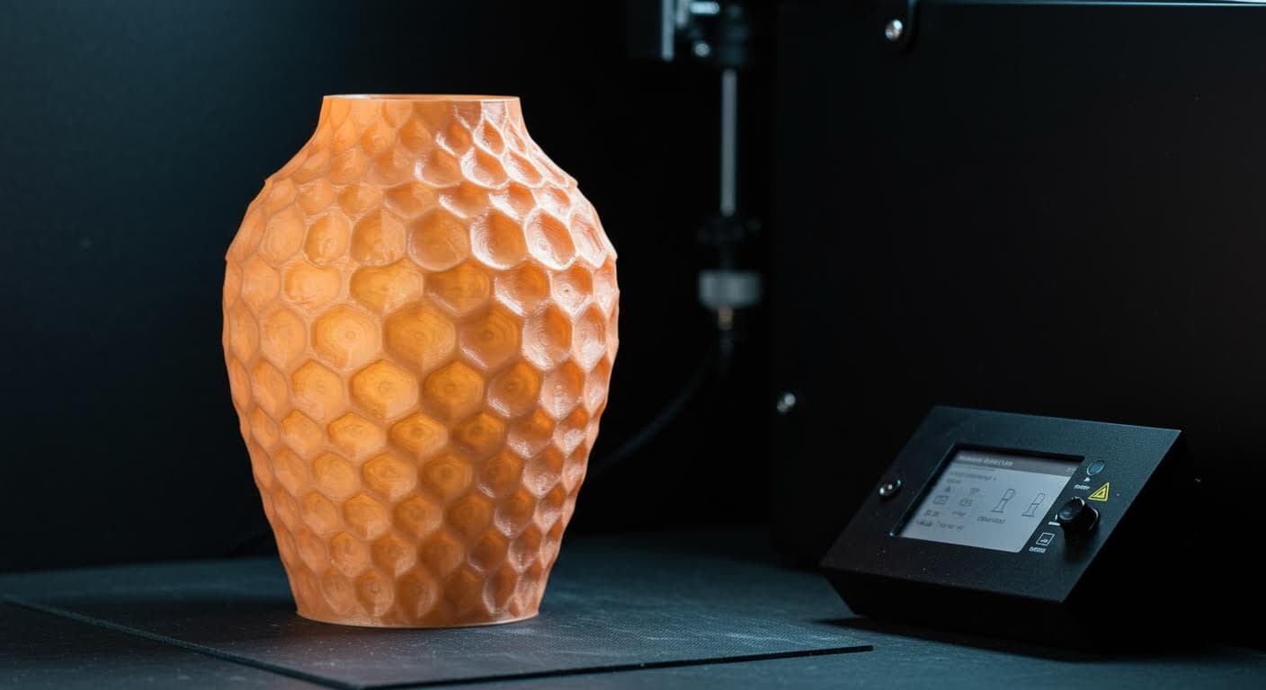 Nahaufnahme einer fertigen, glatten Deko-Vase aus PLA-Material, beleuchtet um die nahtlose Oberfläche zu betonen, magazin-taugliche Qualität ohne Beschriftungen
