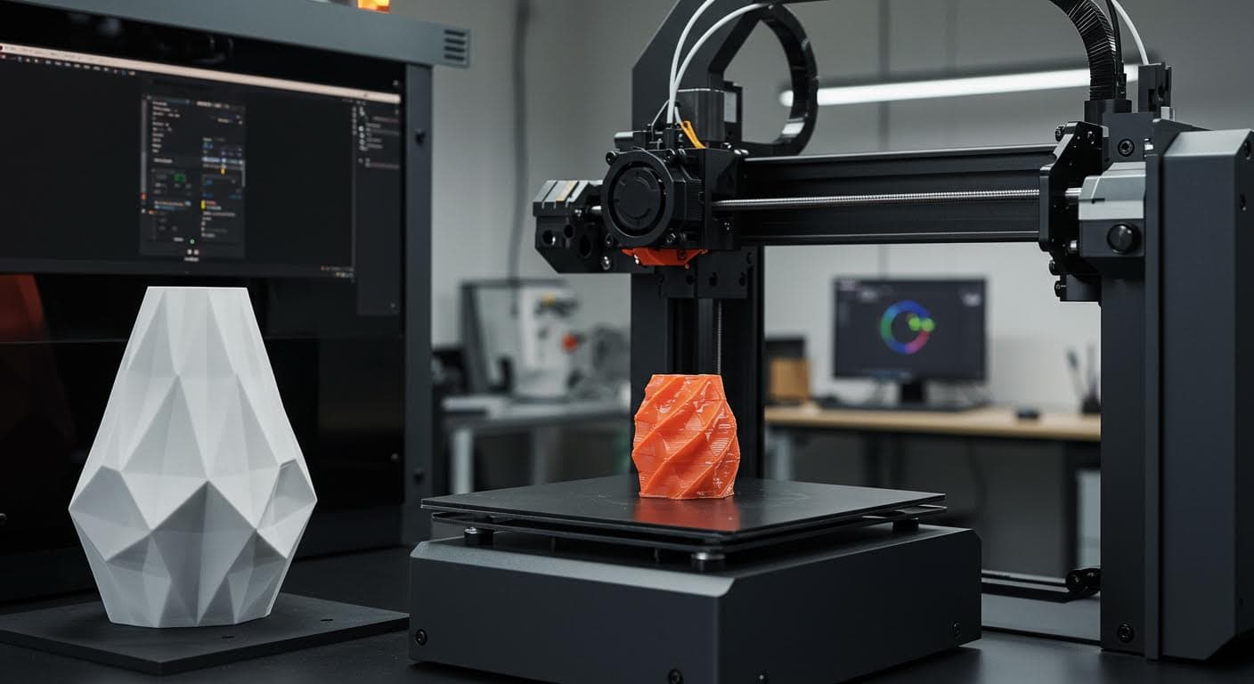 3D-Drucker in Aktion mit Bambu Studio-Software im Hintergrund, visuelle Darstellung der Spiralbewegung des Druckkopfs, reine Technologie-Fotografie