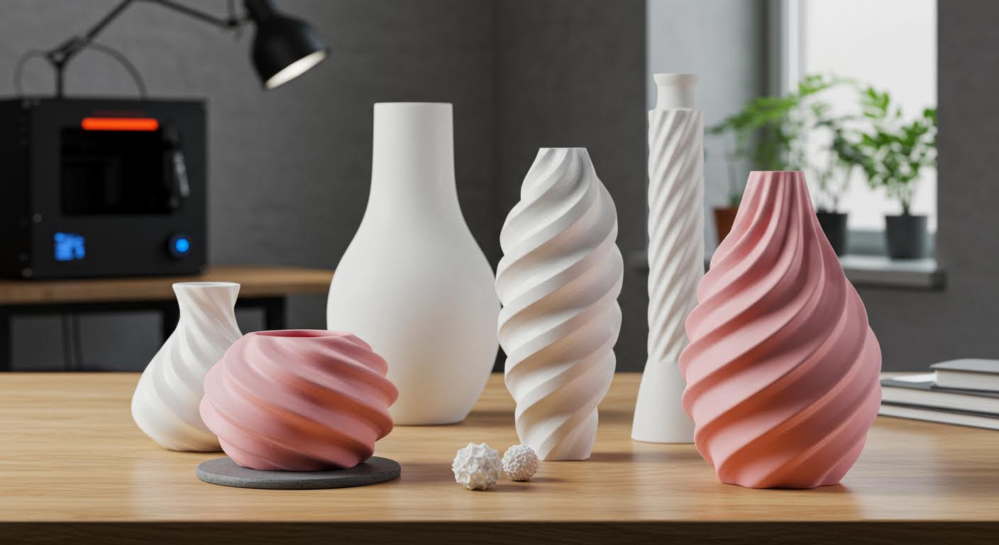Gruppe von optimierten Deko-Vasen in verschiedenen Formen auf einem Tisch, Fokus auf Oberflächenglätte und Kurven, hochwertige Studioaufnahme