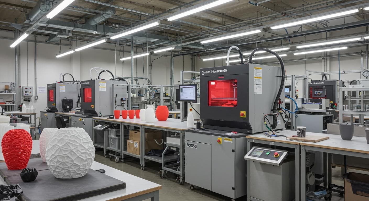 Industrielle Szene in einer Fertigungshalle mit mehreren 3D-Druckern, die Vasen produzieren, Betonung auf Effizienz und Präzision, ohne Logos oder Texte