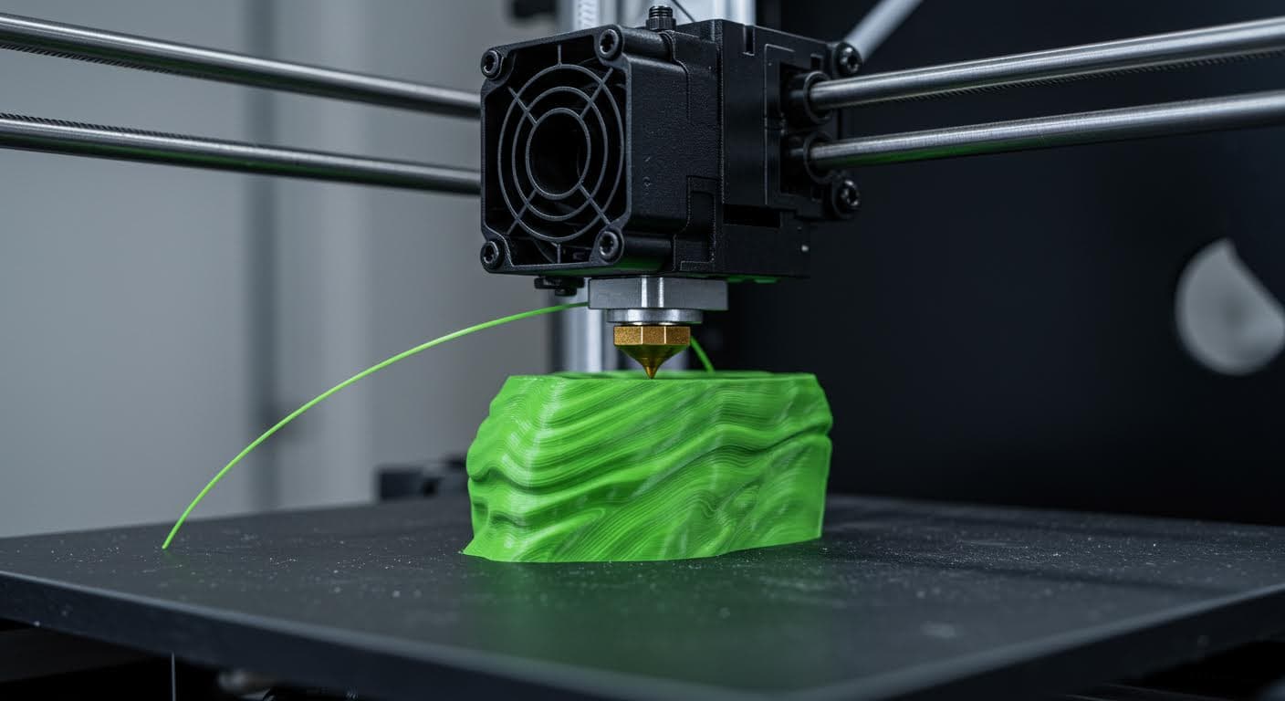 A close-up of a 3D printer extruding eco-friendly filament in a modern factory environment, focusing on the nozzle and layered structure without any text or labels.