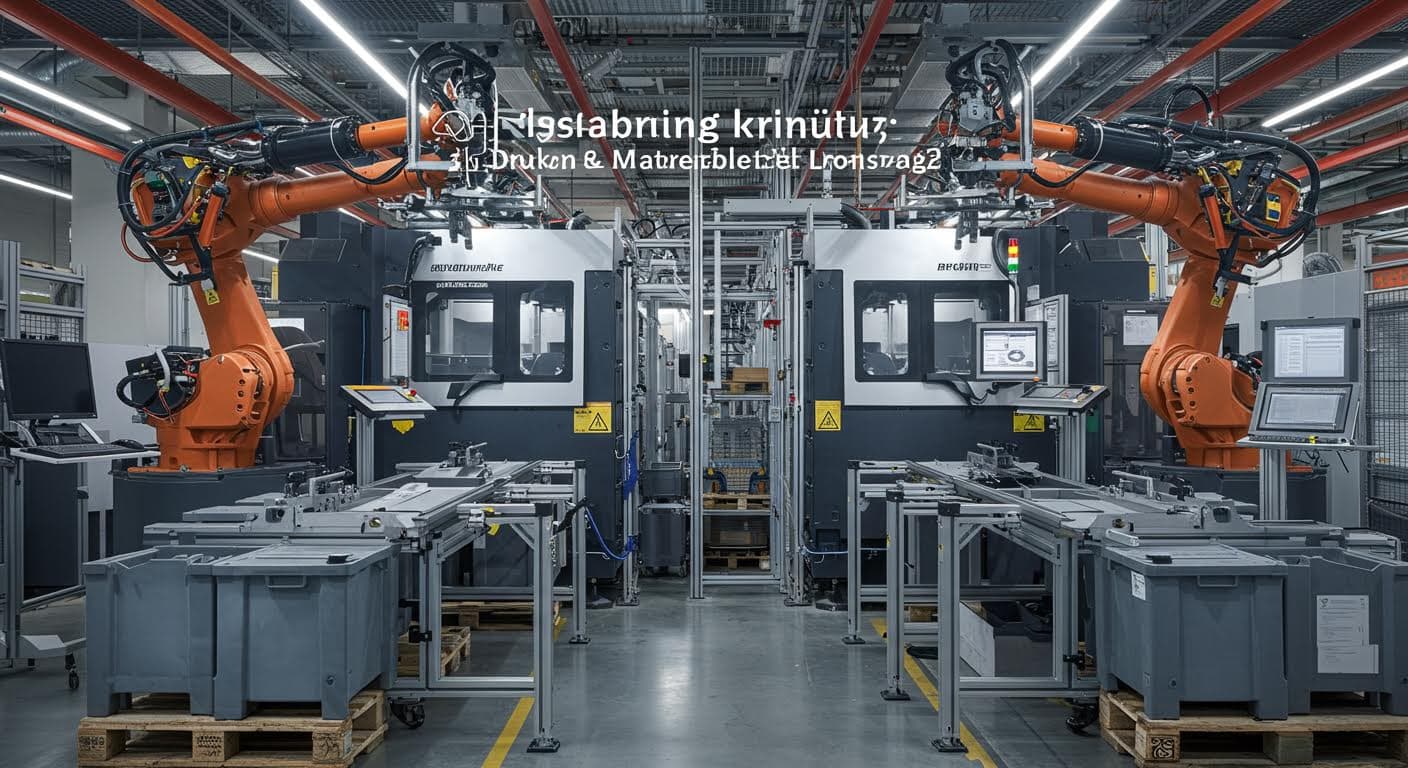 Industrial warehouse scene showing automated logistics with 3D-printed parts being handled by robots, high-resolution and professional quality.