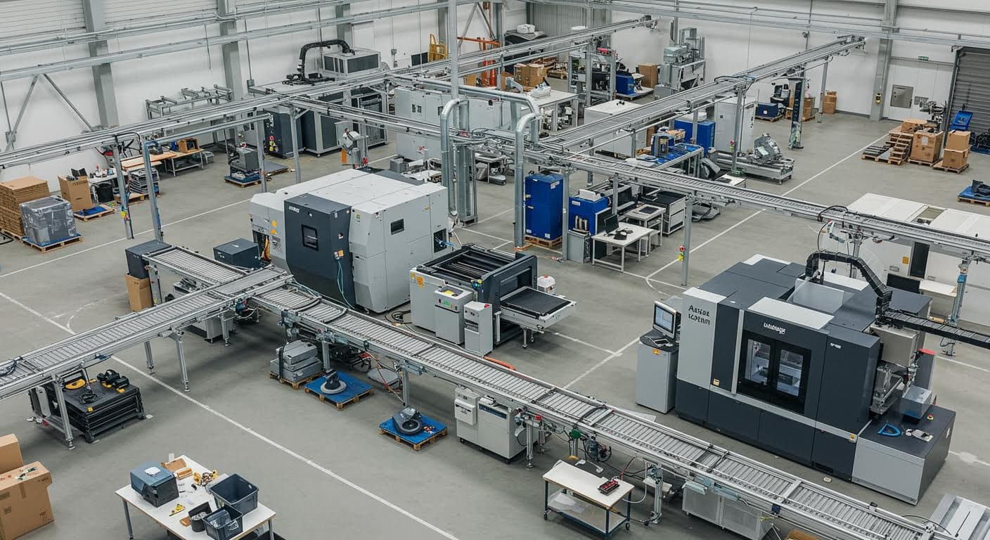 Aerial perspective of a decentralized 3D printing facility in a regional industrial park, showcasing equipment and production lines.
