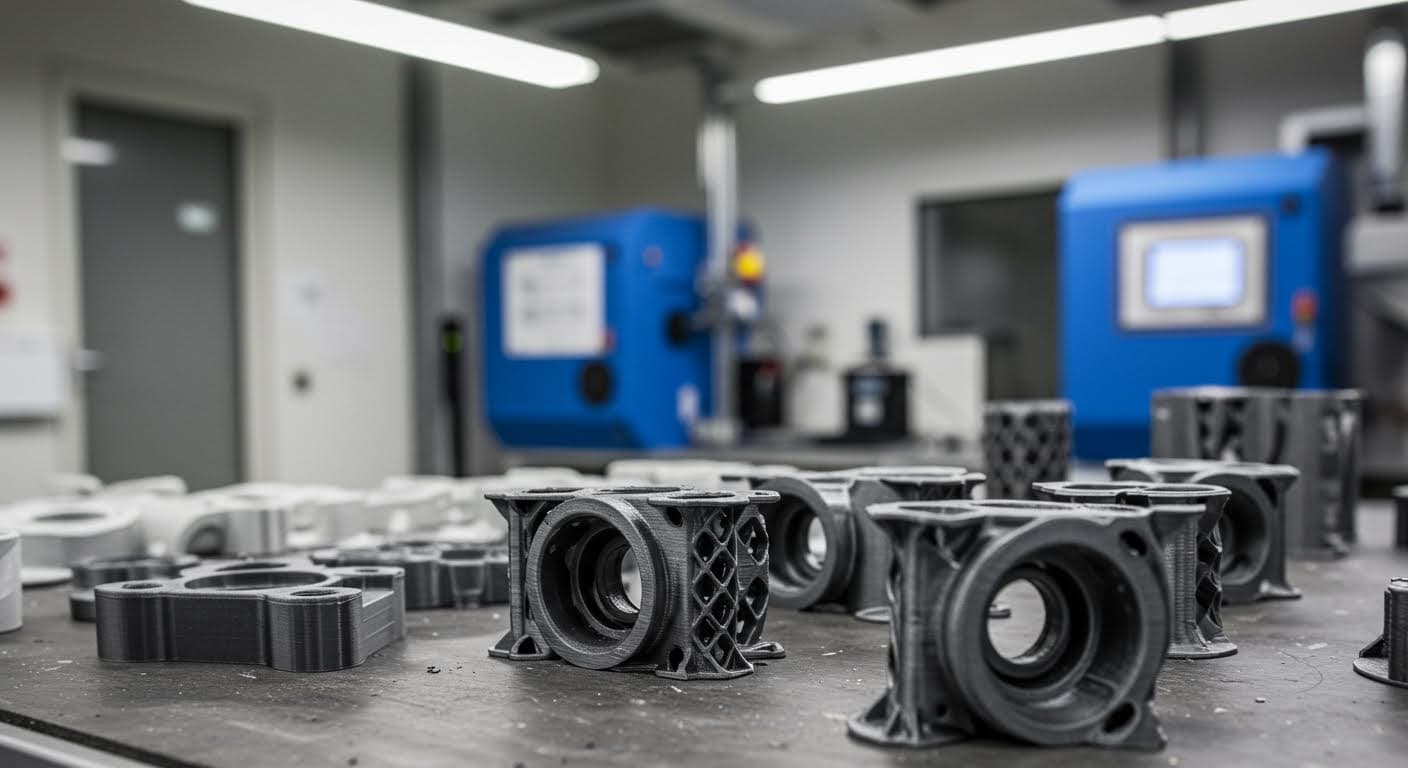 Close-up of finished 3D-printed components made from recycled materials, arranged on a workbench in a clean tech lab.