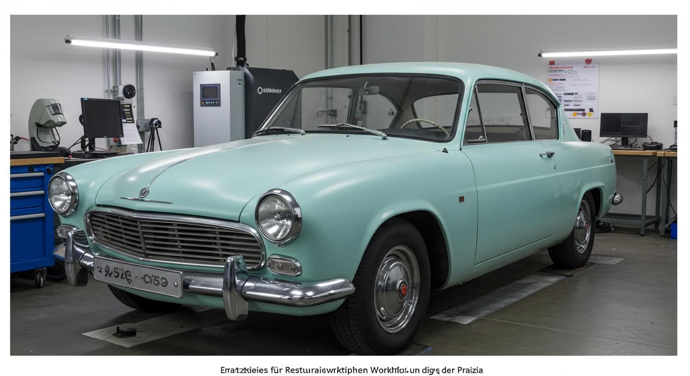 Industriefoto einer Restaurierungswerkstatt mit 3D-gedruckten Teilen auf einem Oldtimer, visuell rein und magazintauglich