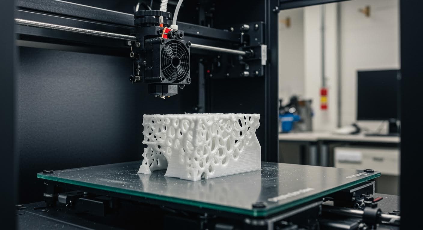 Nahaufnahme eines 3D-gedruckten PLA-Teils mit feinen, minimalen Support-Strukturen, die leicht sichtbar aber sparsam platziert sind, in industrieller Umgebung