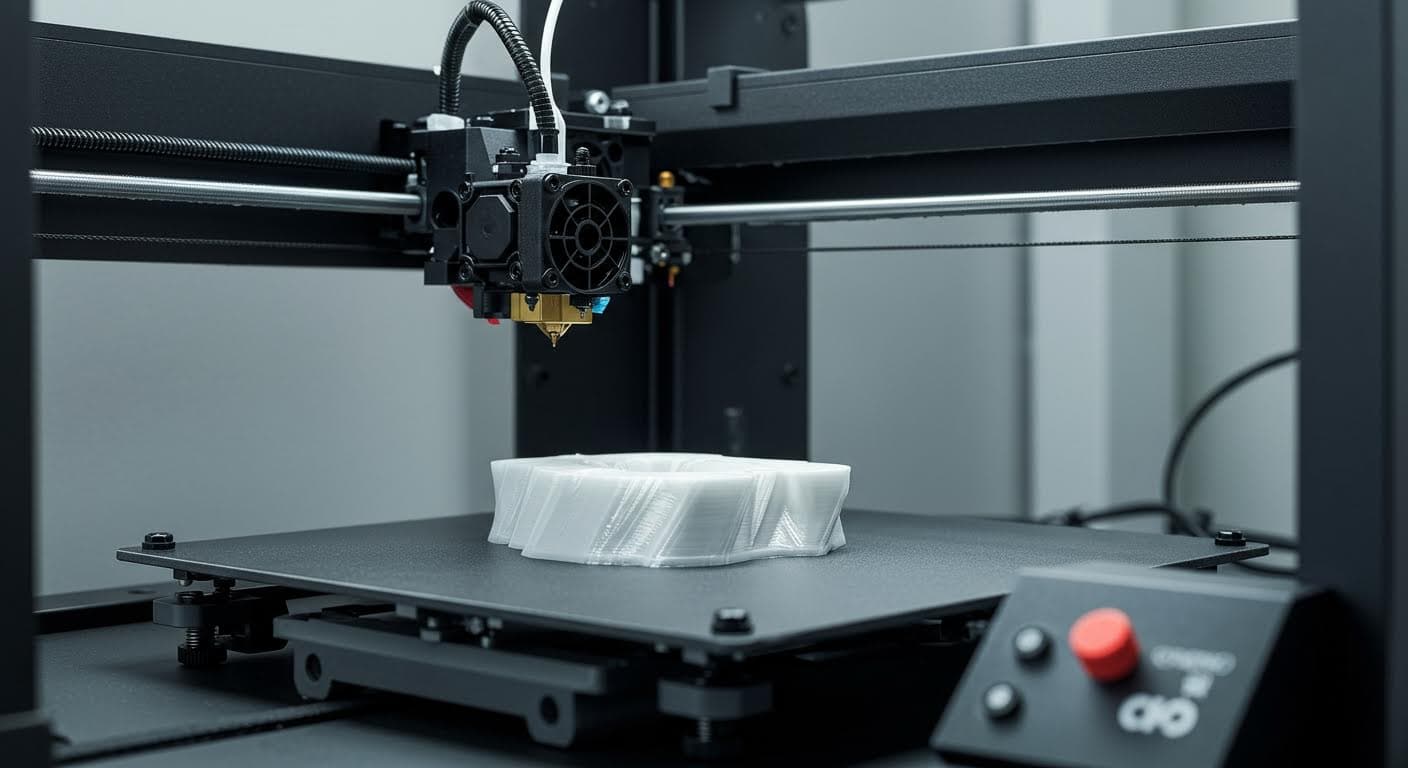Ein FDM-3D-Drucker im Betrieb, der PLA-Filament extrudiert, mit Fokus auf das Druckbett und entstehende Schichten, ohne jegliche Beschriftungen