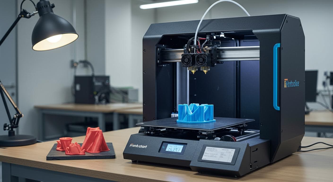 Ein Multi-Extruder-3D-Drucker mit zwei Nozzles, der ein Modell mit löslichem Support druckt, Fokus auf die Technologie