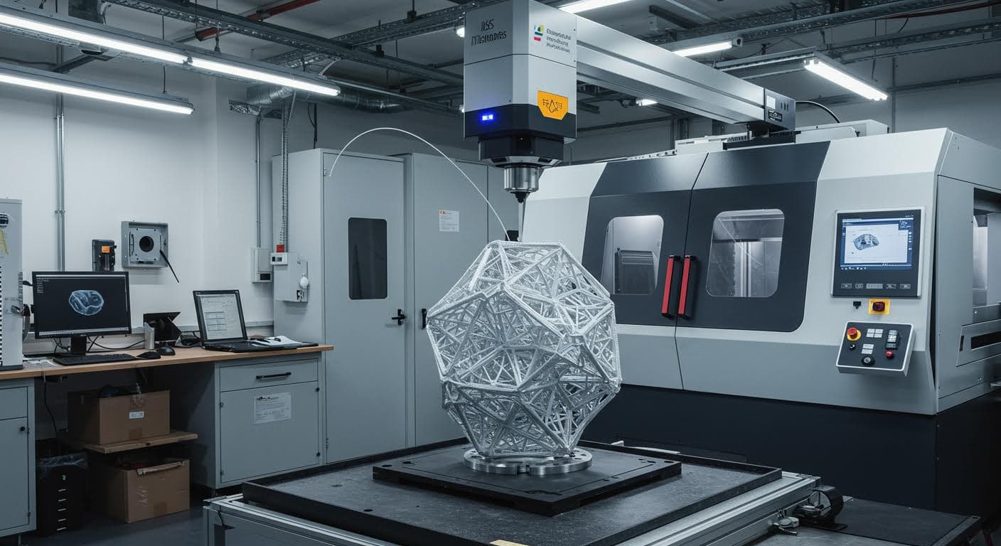 Hochauflösendes Foto eines Handscanners, der ein komplexes Objekt scannt, in industrieller Werkstattumgebung, ohne jegliche Text oder Labels