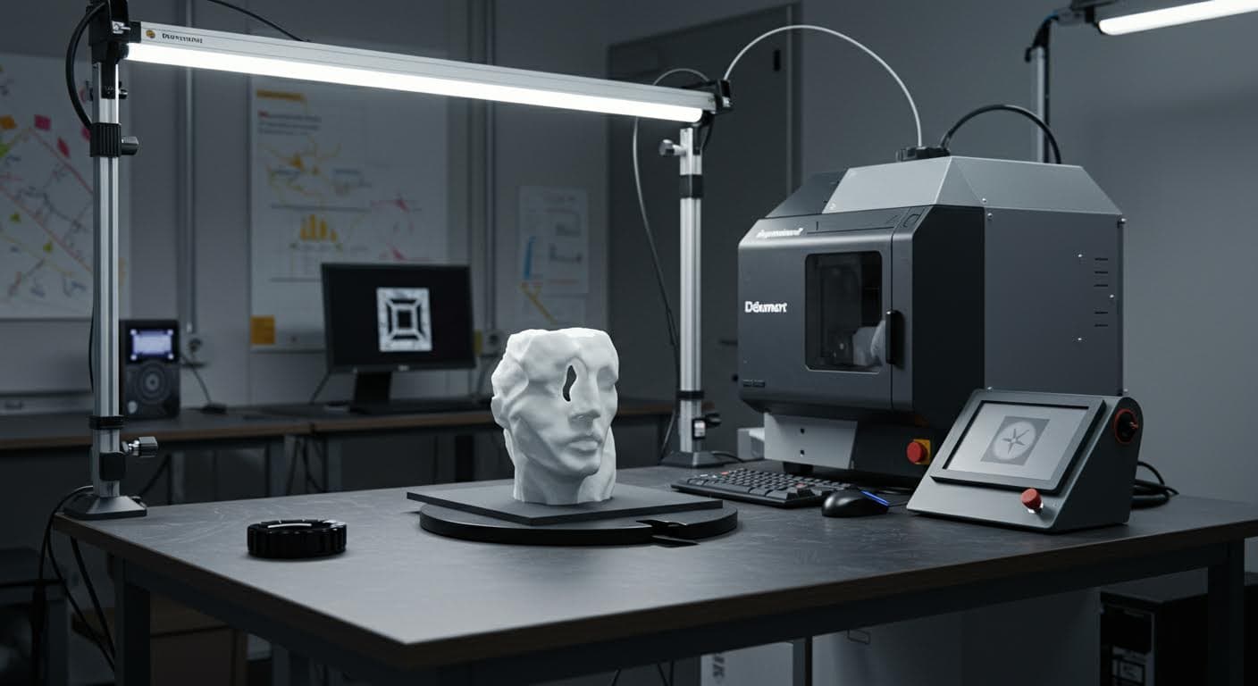 Professionelle Aufnahme eines Photogrammetrie-Setups mit Kamera und Objekt auf einem Drehtisch, reine visuelle Technologie-Darstellung
