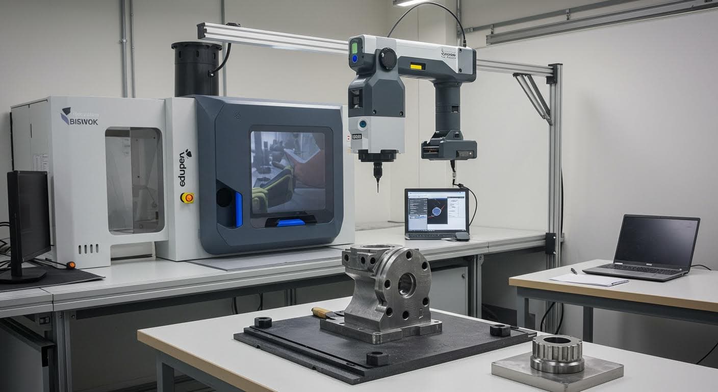 Industriefoto eines portablen Scanners in Aktion bei der Erfassung einer Maschinenkomponente, hochauflösend und textfrei