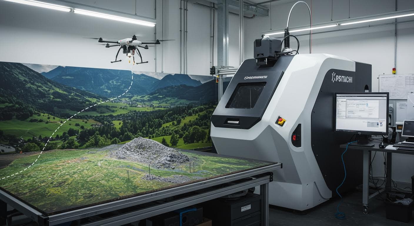 Darstellung von Drohnen-basiertem Scan-Prozess über großem Gelände, reine Technologie- und Naturvisualisierung ohne Schrift