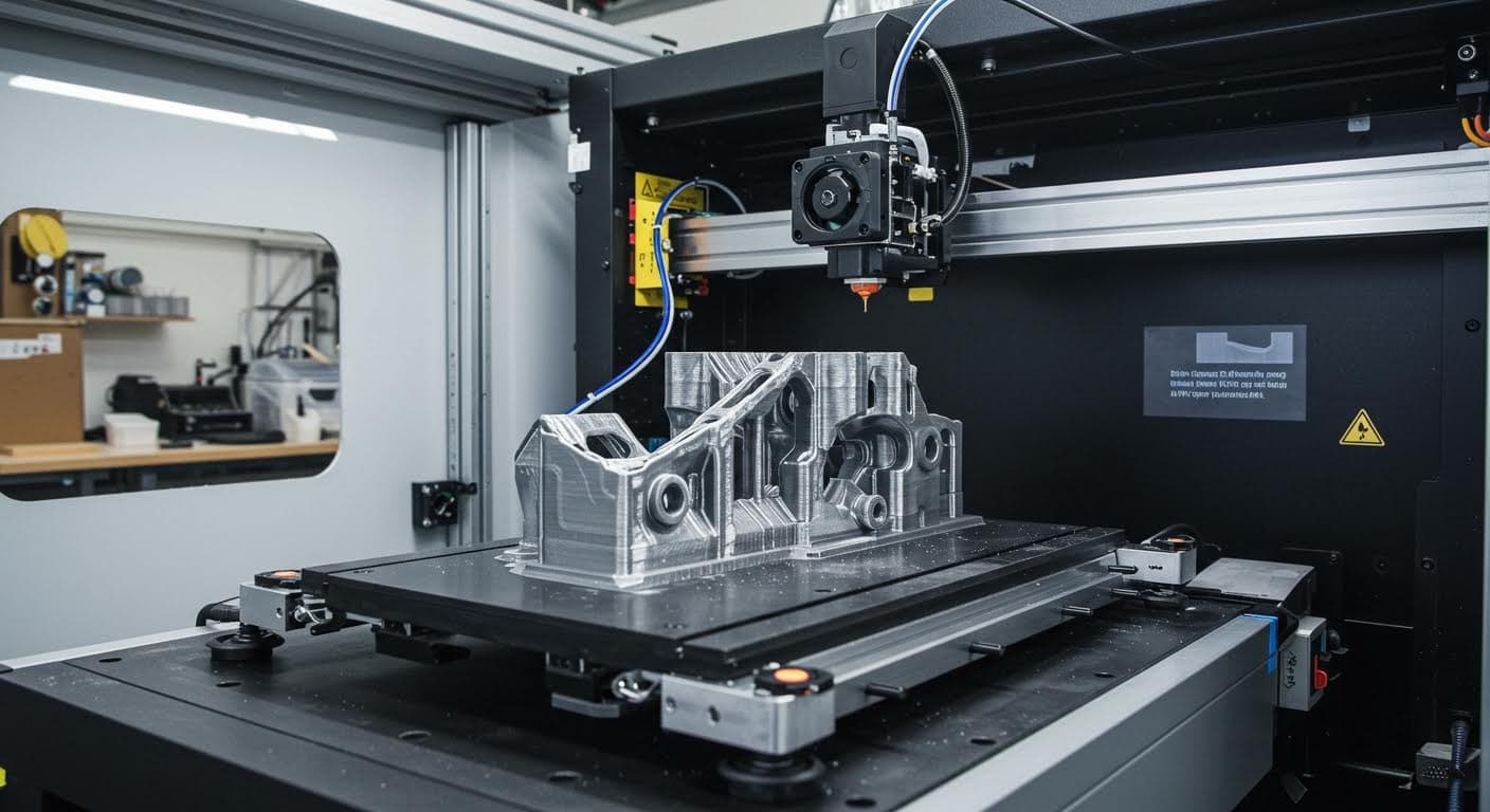 Ein hochauflösendes Foto eines modernen 3D-Druckers, der ein komplexes Bauteil schichtweise aufbaut, in einer industriellen Werkstattumgebung, ohne jegliche Text- oder Beschriftungselemente.