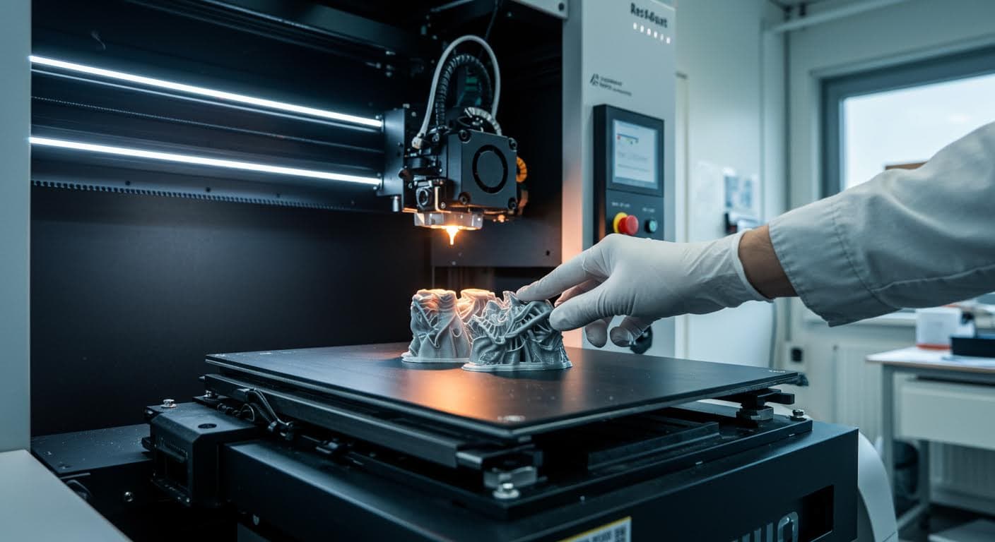 Visuelle Darstellung eines schnellen Express-3D-Druckprozesses mit leuchtenden Schichten, fokussiert auf Technologie und Materialfluss, professionelle Industriefotografie.