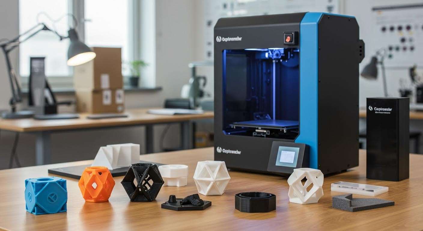Nahaufnahme von fertig gedruckten 3D-Objekten in verschiedenen Materialien, angeordnet auf einem Arbeitstisch, rein visuell ohne Labels.