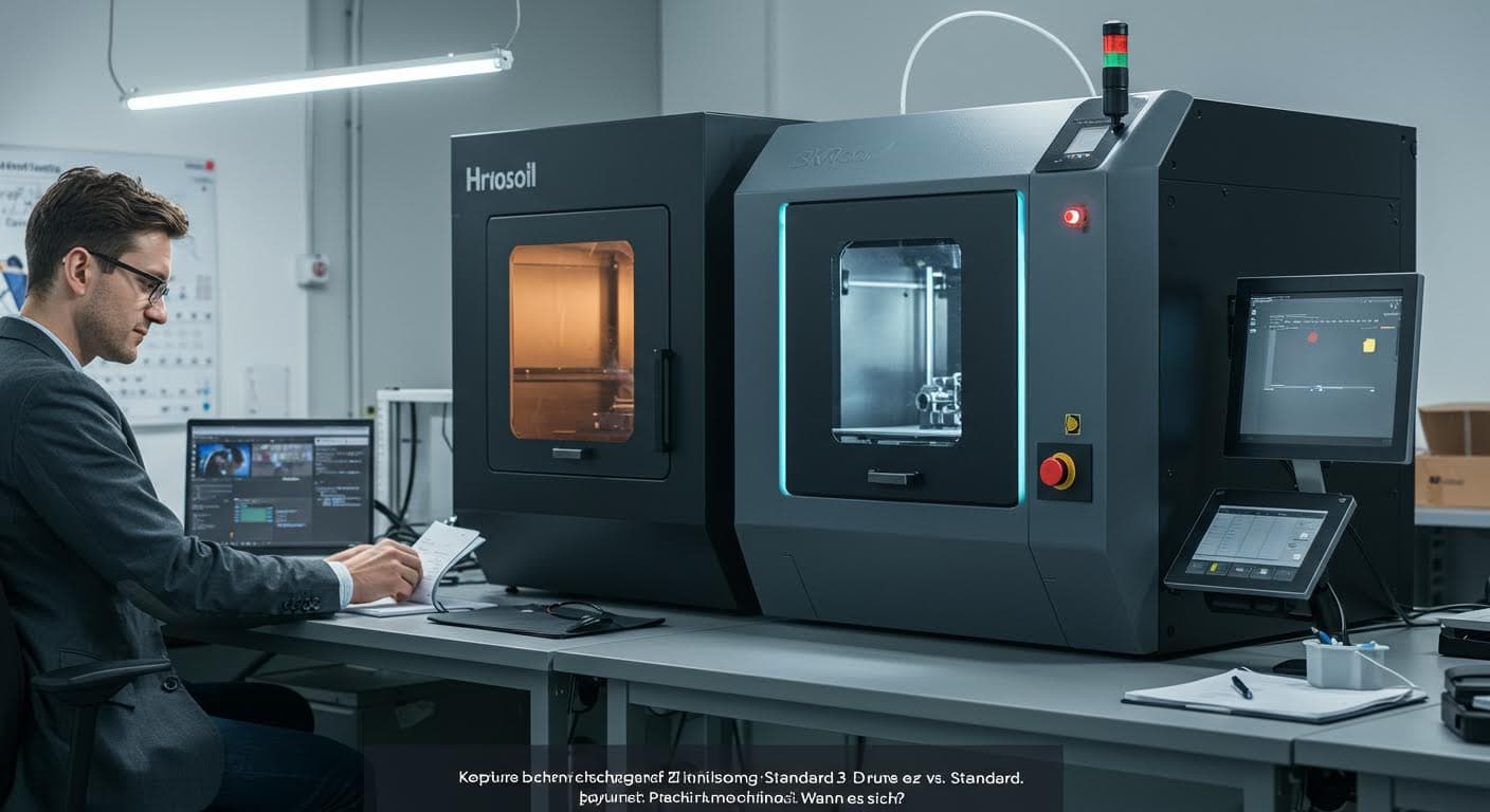 Vergleichende Aufnahme von Standard- und Express-3D-Druckmaschinen nebeneinander, betont mechanische Details und Bauvolumen.