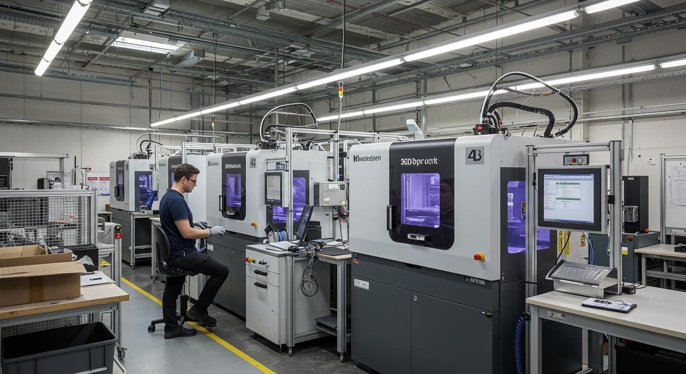 Industrieanlage mit mehreren 3D-Druckern in Betrieb, in einem hellen Fabrikraum, magazin-taugliche Qualität ohne Schriften.