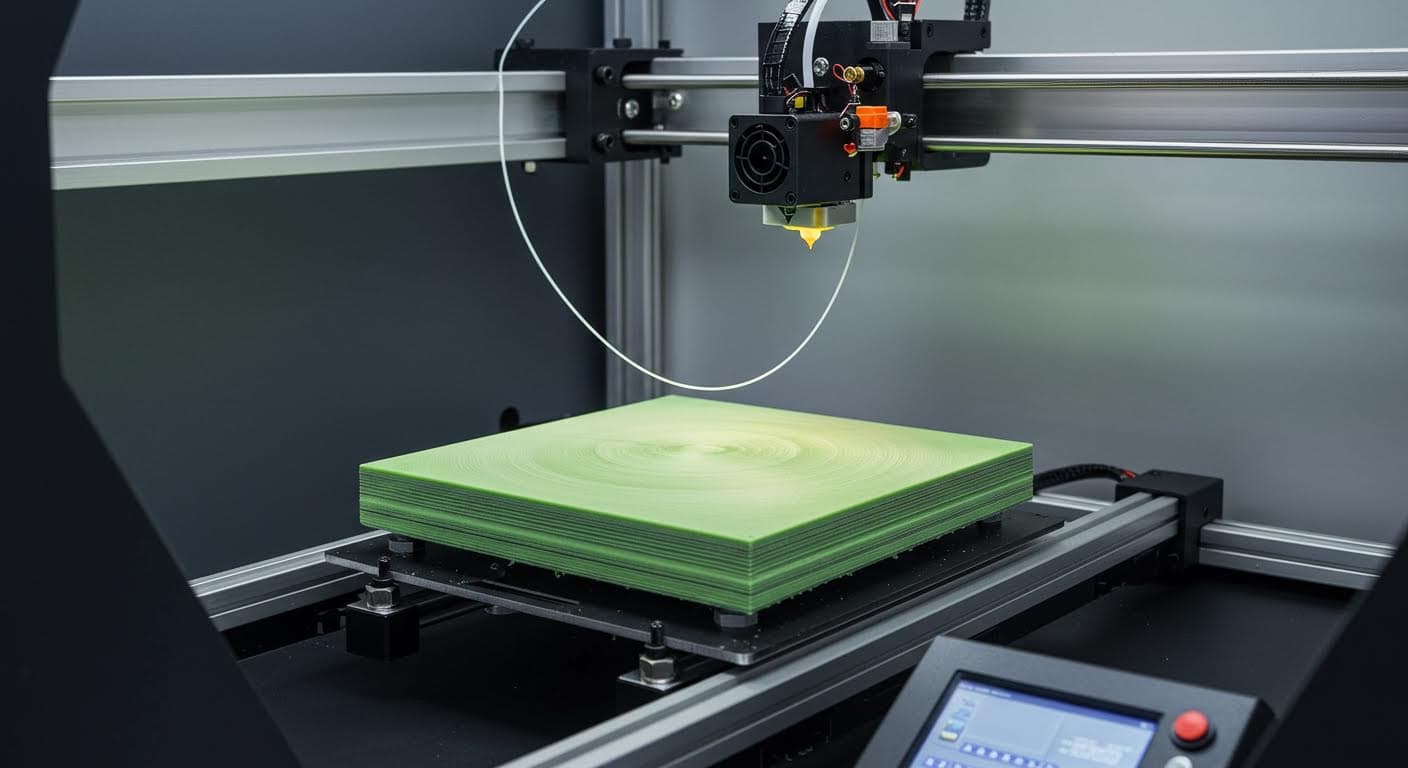 Industrial FDM printer extruding PLA filament onto a build plate with layered structure visible
