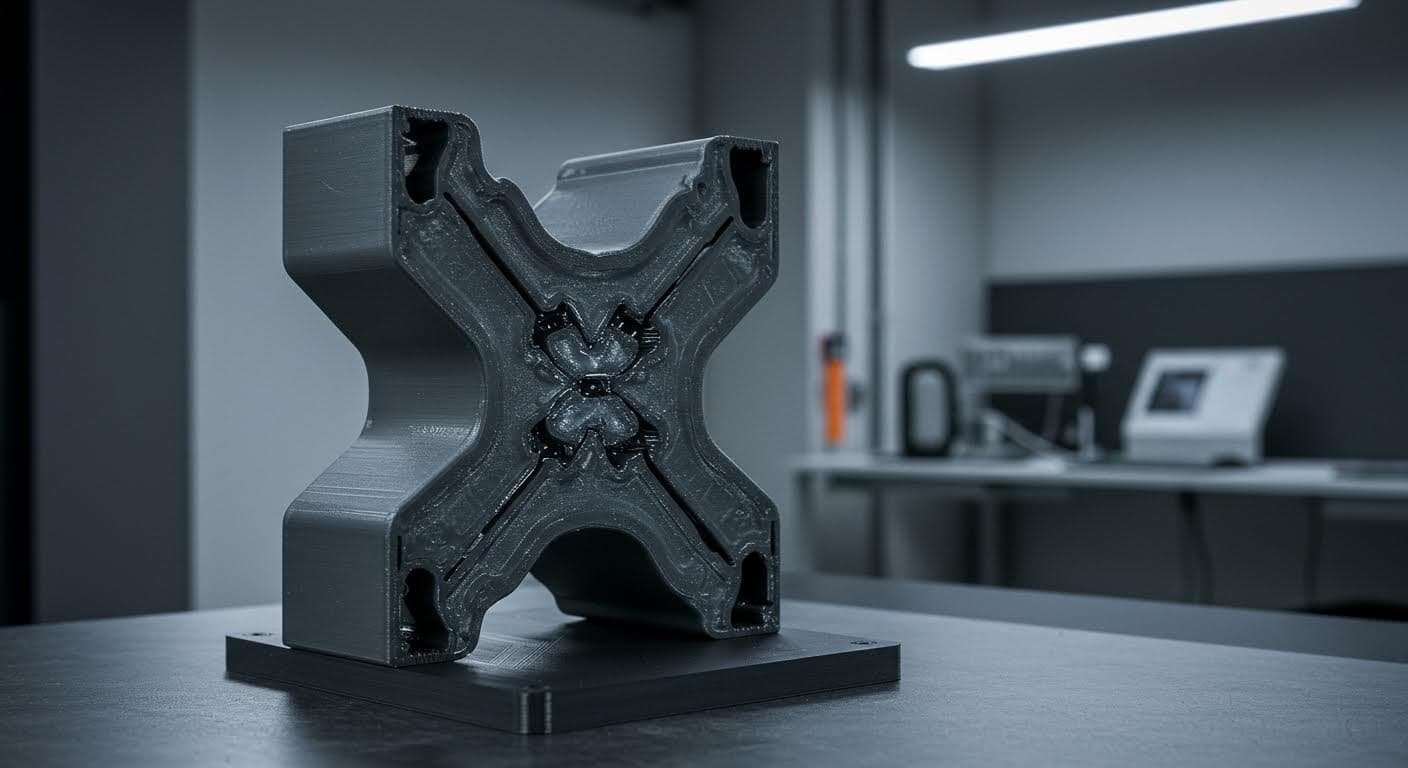 Cross-section of a PLA component highlighting chamfered edges under mechanical stress simulation lighting