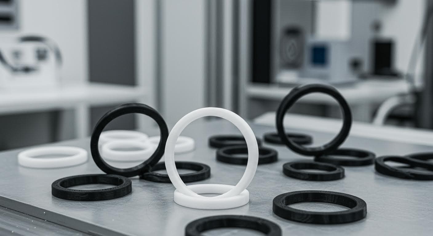 Array of 3D-printed PLA rings tested for tensile strength in a lab setting without any labels