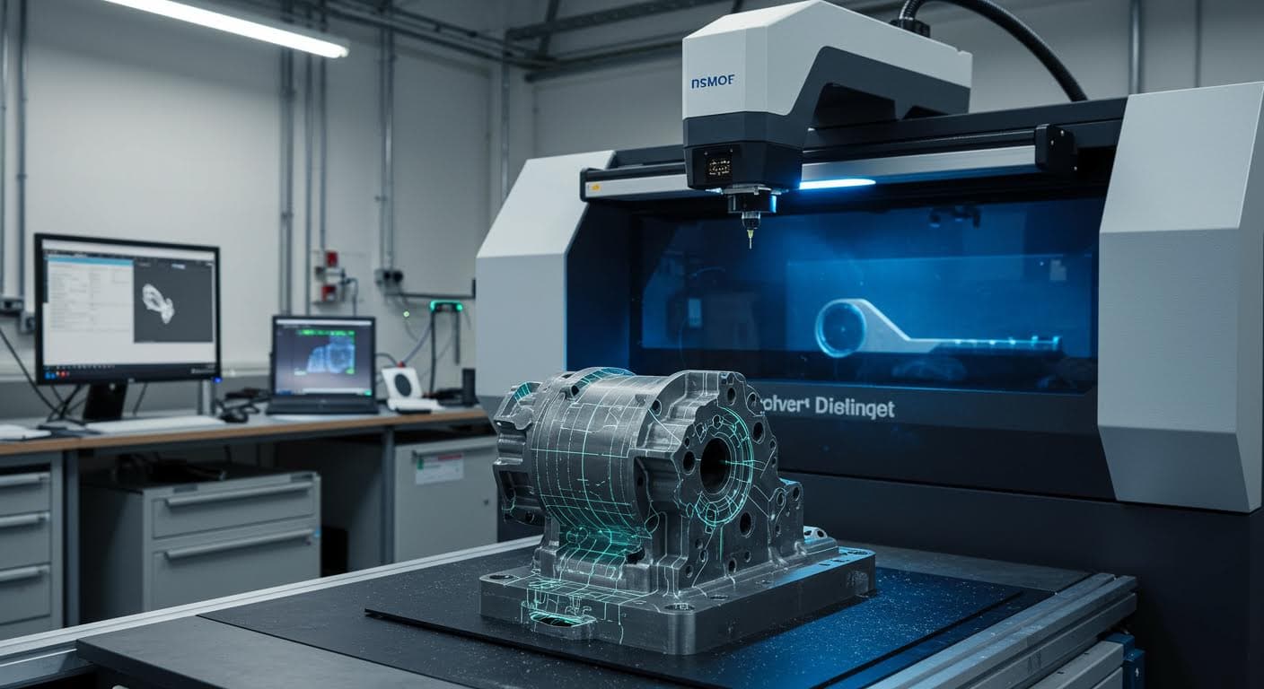 Ein hochauflösendes Foto eines 3D-Scanners, der ein mechanisches Altteil scannt, mit sichtbaren Lichtstreifen auf der Oberfläche, in einer industriellen Werkstattumgebung.