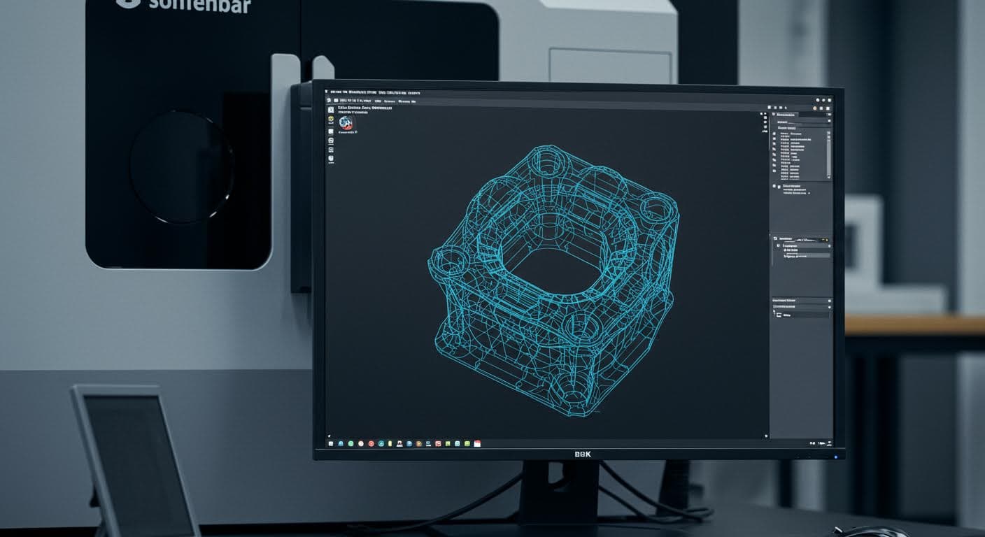 Nahaufnahme einer digitalen Punktwolke, die die Geometrie eines Bauteils darstellt, dargestellt auf einem Computerbildschirm ohne Text.