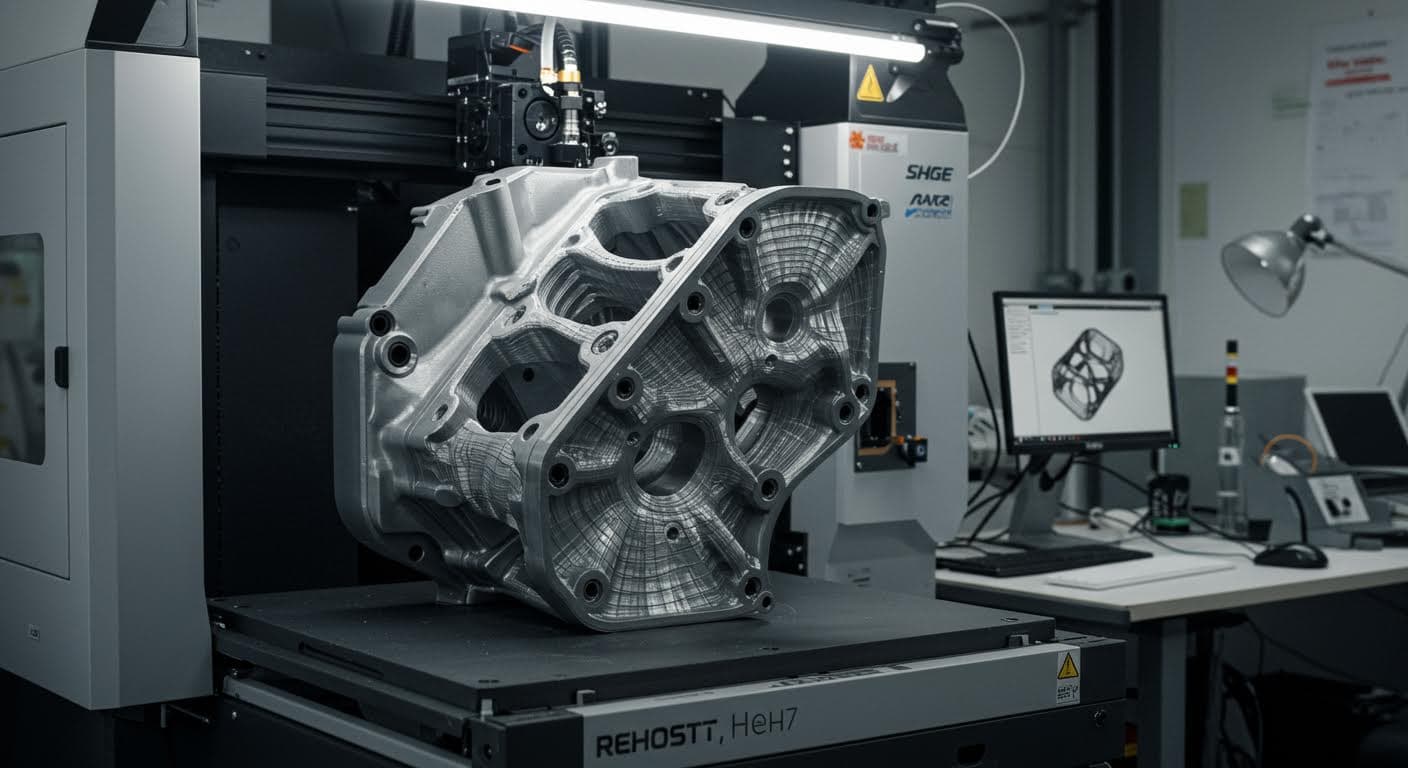 Ein detailliertes CAD-Modell eines komplexen Bauteils in einer 3D-Softwareumgebung, fokussiert auf die geometrischen Formen und Kurven.