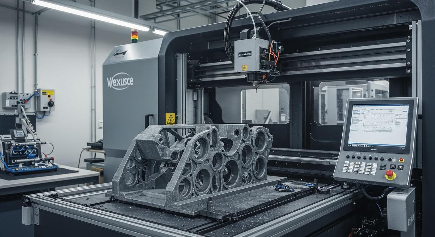 Ein hochauflösendes Foto eines industriellen 3D-Druckers, der ein komplexes Bauteil aus Metall fertigt, in einer modernen Fabrikumgebung ohne jegliche Beschriftungen.