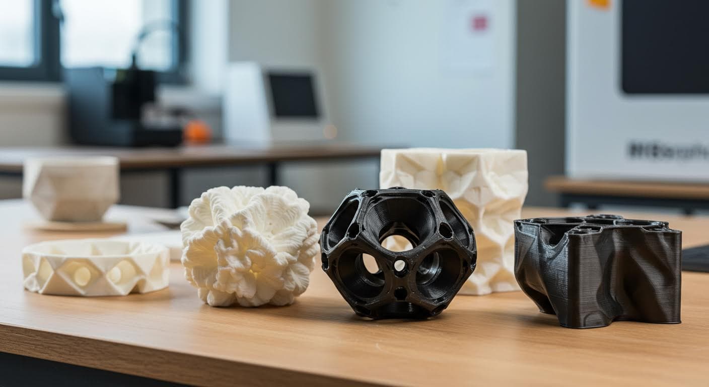 Nahaufnahme von mehreren 3D-gedruckten Prototypen aus verschiedenen Materialien auf einem Tisch, fokussiert auf die Texturen und Formen.