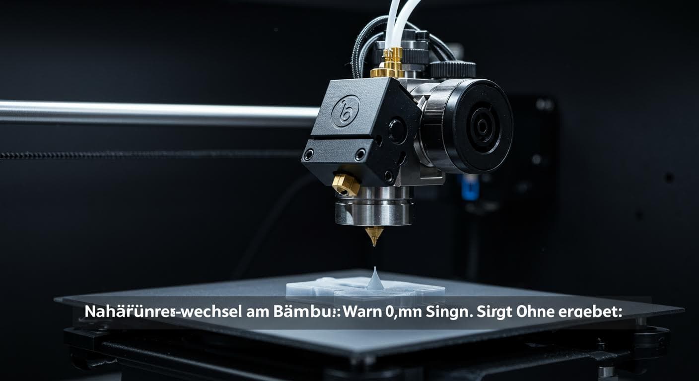 Nahaufnahme eines Bambu Lab Hotends mit austauschbarer Nozzle in professioneller Industrieumgebung, hochauflösend, ohne Text