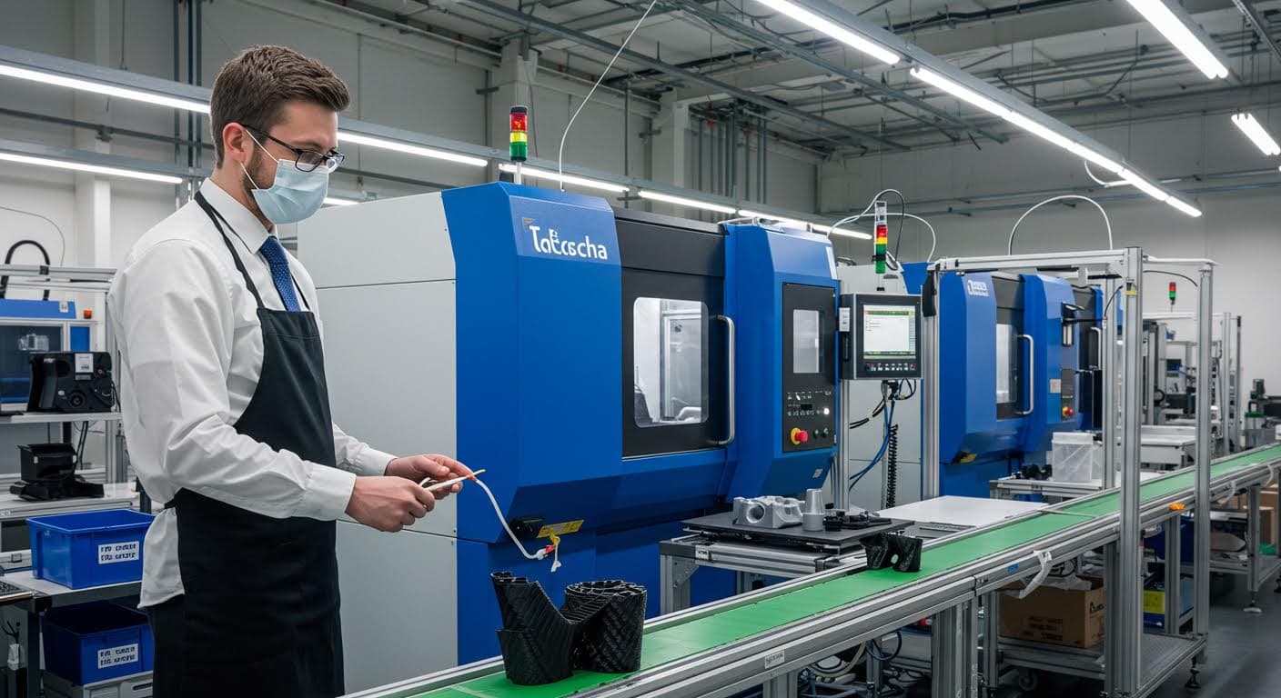 Eine Produktionslinie mit additiven Fertigungsmaschinen in Betrieb, zeigt den Prozess der Schicht-für-Schicht-Aufbau ohne Text.