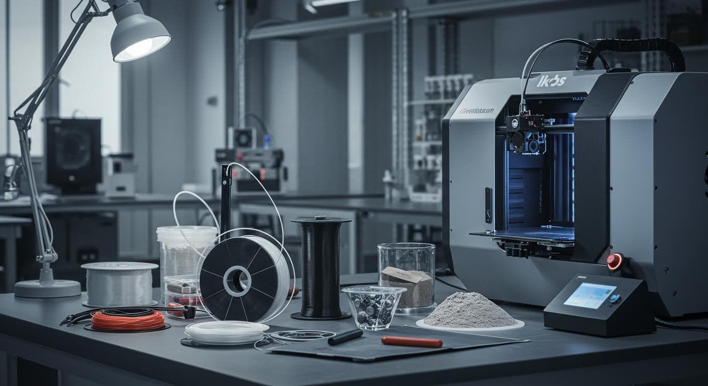 Verschiedene Filamente und Pulver für 3D-Druck, professionell arrangiert in einem Labor, rein visuell.