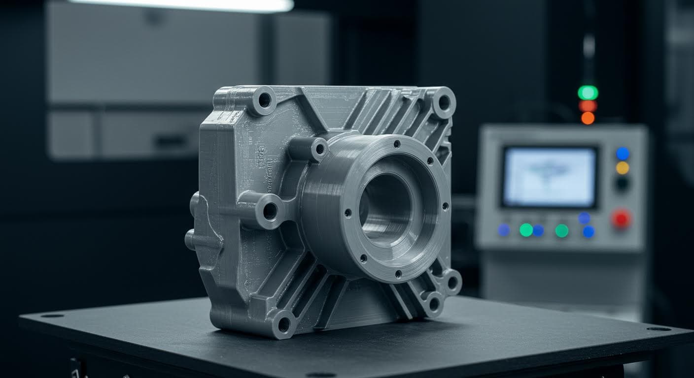 Ein fertiges, detailliertes 3D-gedrucktes Modell eines Maschinenteils, isoliert auf neutralem Hintergrund, magazinqualität.