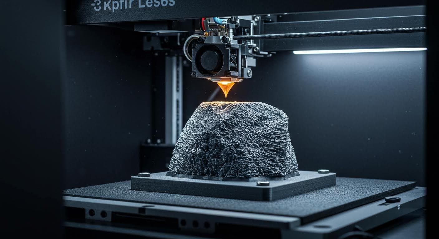 Hochauflösende Aufnahme eines 3D-Druckers, der ein Objekt mit detaillierter, variierender Oberflächentextur herstellt, fokussiert auf die Düse und das entstehende Material, professionelle Industriefotografie ohne Text