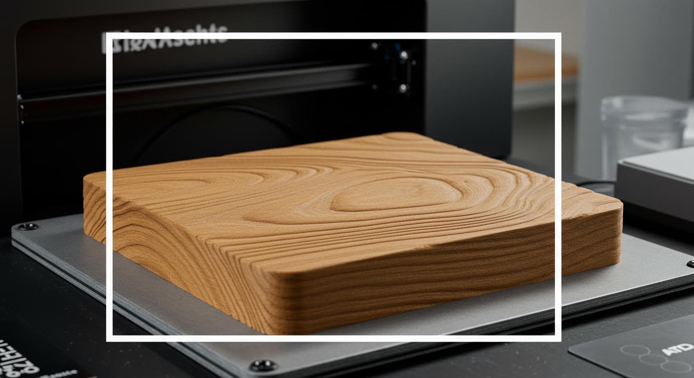 Nahaufnahme einer 3D-gedruckten Oberfläche mit simulierter Holztextur, betont haptische Strukturen, magazin-taugliche Qualität ohne jegliche Beschriftung