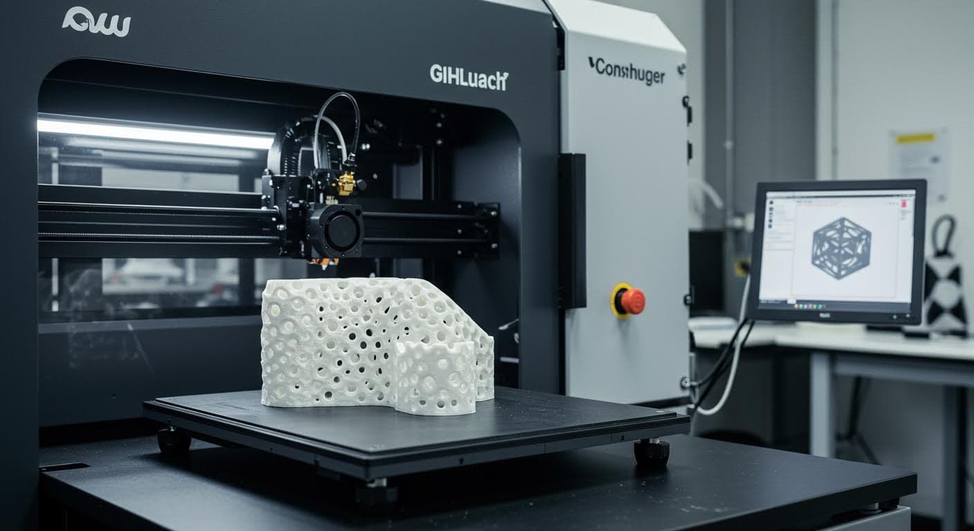 Bild eines fertigen 3D-gedruckten Produkts mit integriertem Logo, dargestellt in neutralem Licht, reine visuelle Darstellung von Technologie