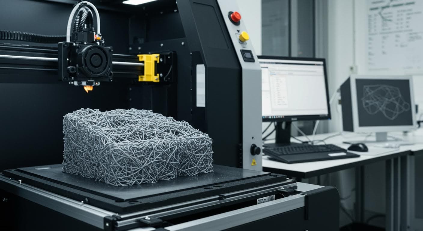 Professionelle Fotografie eines adaptiven Materials im 4D-Druck, das auf Umwelteinflüsse reagiert, ohne Labels, Fokus auf Strukturveränderung