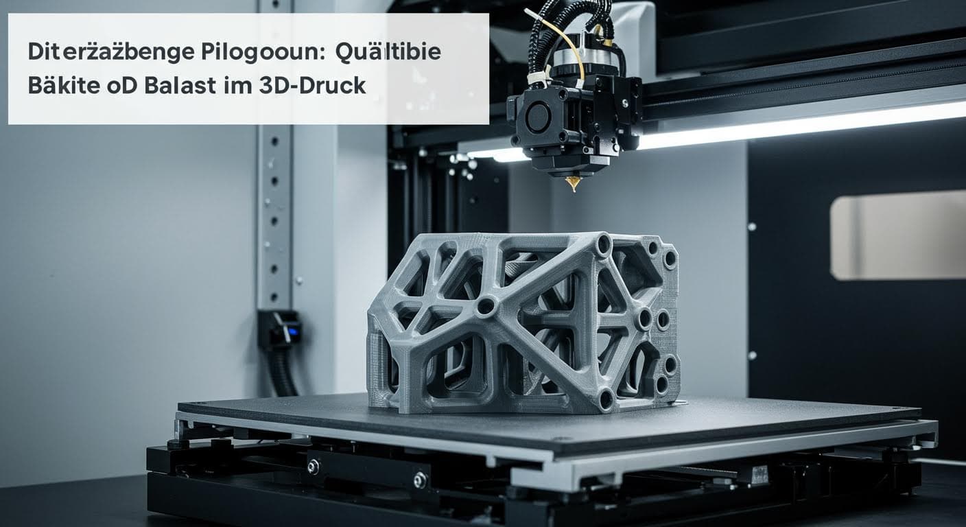 Hochauflösendes Foto eines industriellen 3D-Druckers, der ein komplexes Bauteil herstellt, mit Fokus auf die Druckdüse und Schichten, ohne jegliche Text oder Labels.