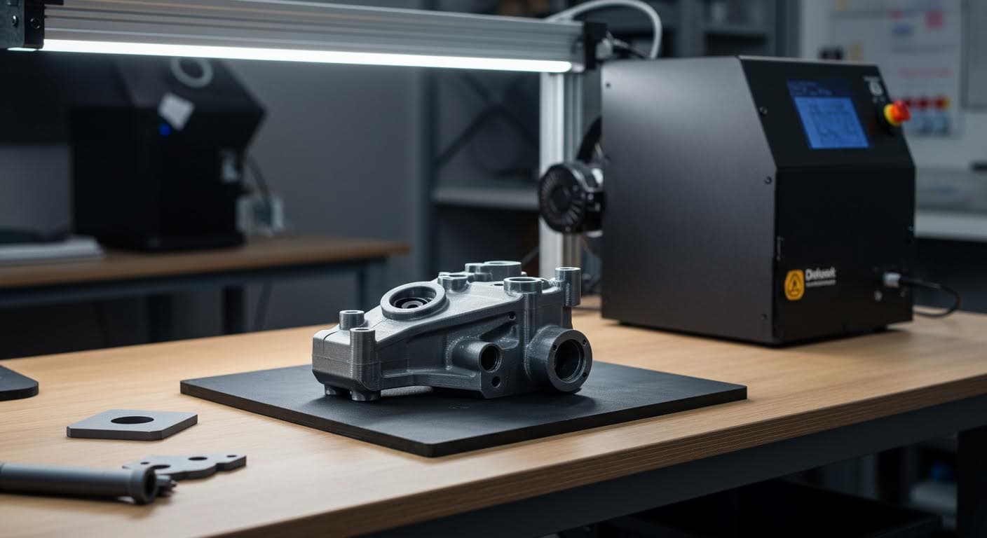 Nahaufnahme eines low-poly 3D-gedruckten Objekts, wie ein mechanisches Teil, auf einem Werktisch, magazinqualität ohne Beschriftungen.